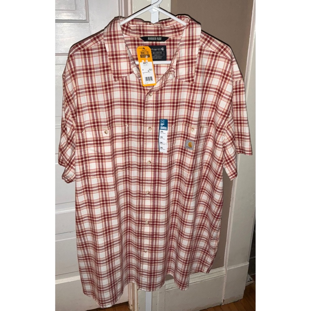 Carhartt Rugged Flex Relaxed Fit Plaid Short Sleeve Shirt 3XL Red Tan NWT